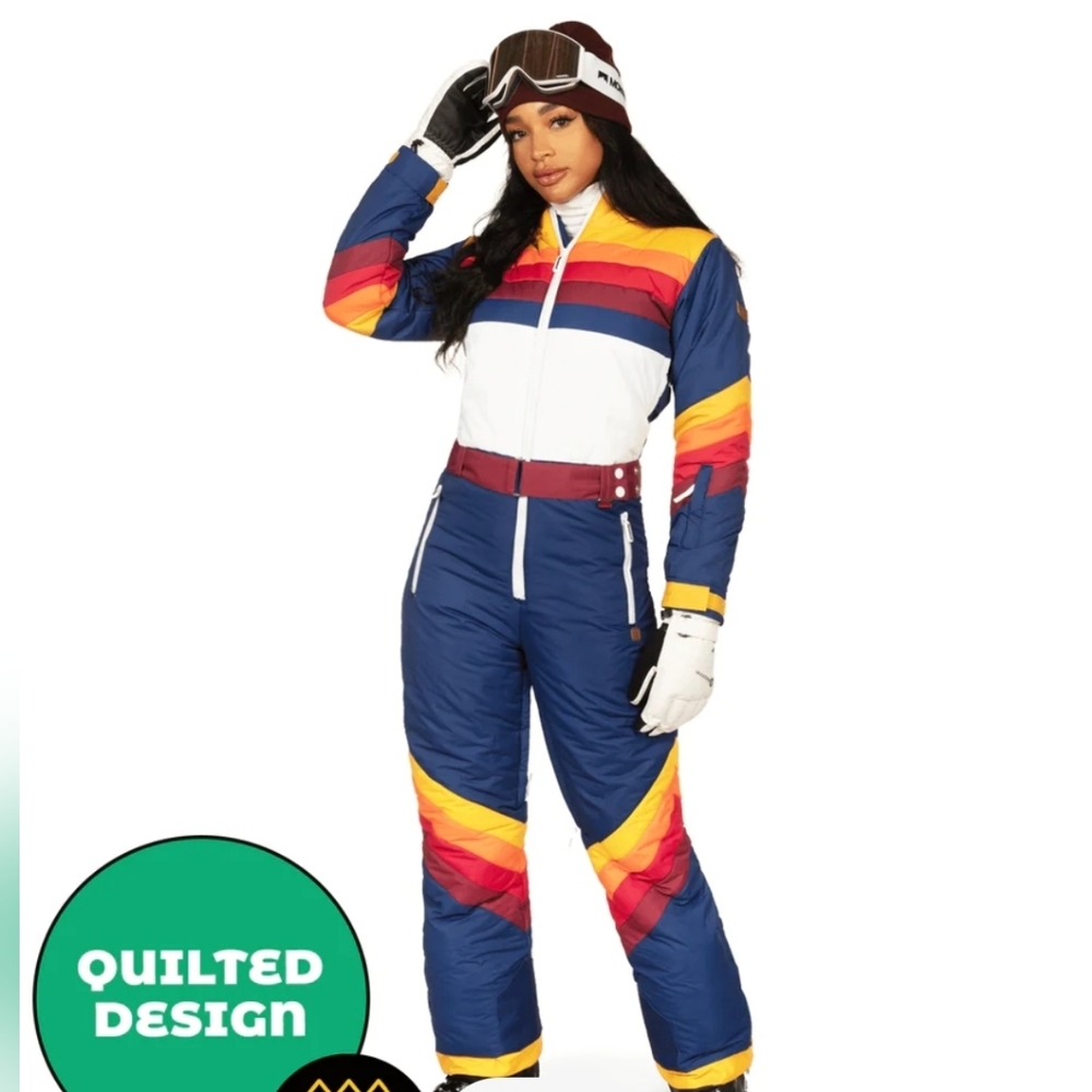 Tipsy Elves Navy Blue, White, Yellow & Red Quilted Ski Jumpsuit